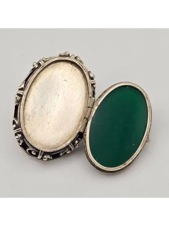 Vintage Taxco Sterling Silver Green Onyx Locket Brooch Mexico Eagle Mark 1 - Picture 8 of 13